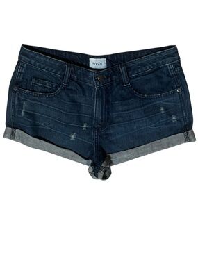 RVCA Women's Dark Wash Denim Roll Cuff Slouch Shorts Slight Distressing Size 28
